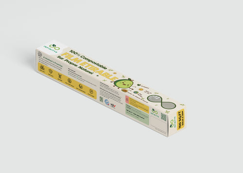 Infinity9 Compostable product packaging with green and yellow labels on a white background
