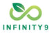 Logo of Infinity9 with a green infinity symbol and a leaf on a white background