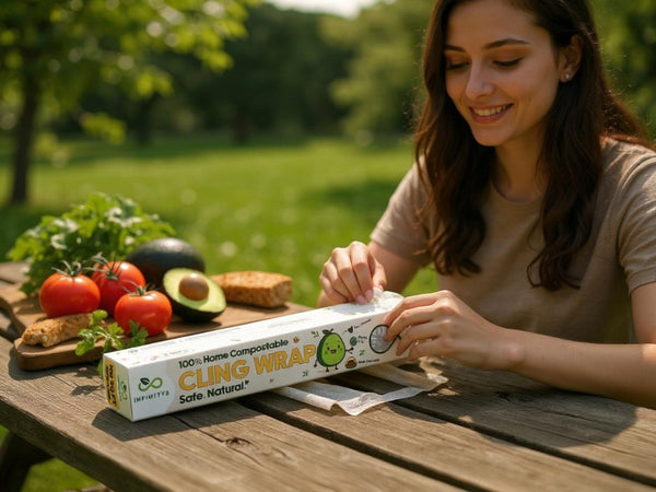 Woman using Infinity9 home compostable cling wrap at a picnic table with fresh produce.