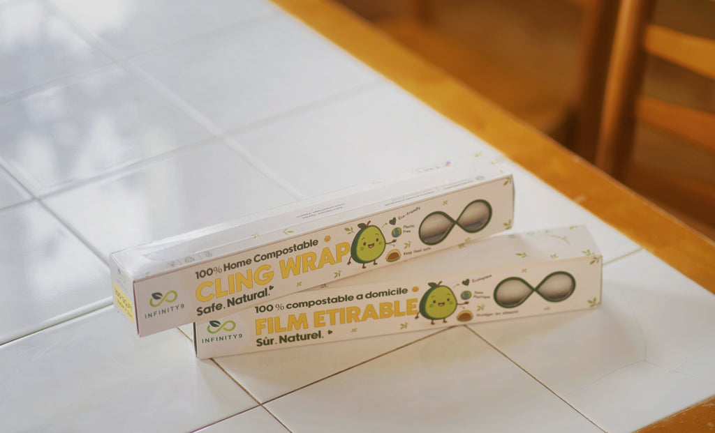 Two boxes of Infinity9 cling wrap on a tiled table counter